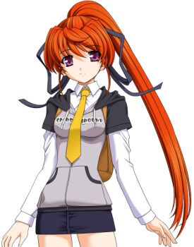 1girl 2000s_(style) backpack bag casual closed_mouth game_asset hair_ribbon hood hoodie large_variant_set light_smile long_hair long_sleeves mahou_senshi_(series) mahou_senshi_elixir_knights miniskirt necktie non-web_source official_art orange_hair pencil_skirt ponytail purple_eyes red_hair ribbon saitou_natsuki self-datamine simple_background skirt smile solo tachi-e tachibana_arisu_(mahou_senshi) transparent_background variant_set very_long_hair yellow_necktie
