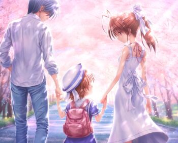 Rule 34 | 1boy, 2girls, backpack, bag, blue dress, blue hair, brown eyes, brown hair, clannad, dress, family, father and daughter, feet out of frame, from behind, furukawa nagisa, goto p, hat, holding hands, husband and wife, long hair, medium hair, mother and daughter, multiple girls, okazaki tomoya, okazaki ushio, road, sailor dress, sailor hat, short hair, white dress, white hat