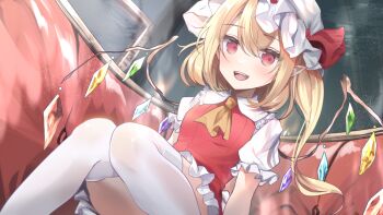 1girl :d ascot couch crystal_wings dress dutch_angle fangs feet_out_of_frame flandre_scarlet frilled_sleeves frills hat kurage_cc looking_at_viewer mob_cap multicolored_wings on_couch one_side_up open_mouth pointy_ears puffy_short_sleeves puffy_sleeves red_dress red_eyes short_sleeves sitting smile solo teeth thighhighs thighs touhou upper_teeth_only white_thighhighs wings yellow_ascot