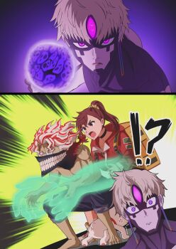 Rule 34 | !?, 2boys, 2girls, absurdres, anger vein, ayase momo, backpack, bag, ball, barefoot, black choker, black pants, brown eyes, brown hair, cat, choker, dandadan, earrings, emphasis lines, enjoji jin, evil eye (dandadan), facial mark, ghost, glasses, high ponytail, highres, hunter x hunter, jacket, jewelry, maneki-neko, mask, mixed-language commentary, mouth mask, multicolored hair, multiple boys, multiple girls, naru (7ventysix), open mouth, pants, ponytail, possessed, purple eyes, red hair, red jacket, round eyewear, short hair, squatting, takakura ken (dandadan), takakura ken (transformed) (dandadan), third eye, topless male, transformation, turbo granny (dandadan), two-tone hair, white hair