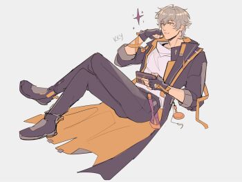 1boy arm_ribbon belt black_boots black_coat black_gloves black_pants bluentear boots caelus_(honkai:_star_rail) cellphone clenched_hand closed_mouth coat collarbone commentary crossed_legs english_commentary fingerless_gloves full_body gloves grey_background grey_hair hair_between_eyes hand_on_own_face hand_up highres holding holding_phone honkai:_star_rail honkai_(series) hood hooded_coat lapels long_sleeves looking_to_the_side male_focus open_clothes open_coat orange_coat pants phone pocket_watch purple_belt ribbon shirt short_hair simple_background sitting sketch smartphone smile solo star_(symbol) t-shirt trailblazer_(honkai:_star_rail) two-sided_coat two-sided_fabric watch white_shirt yellow_eyes