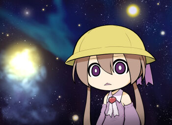 1girl bare_shoulders bright_pupils brooch brown_hair chestnut_mouth chibi chibi_only collared_dress commentary_request detached_sleeves dress hair_between_eyes hat hat_ribbon heart heart_brooch jewelry long_hair long_sleeves meme neck_ribbon no_nose open_mouth purple_dress purple_eyes purple_ribbon purple_sleeves ribbon sleeveless sleeveless_dress solo space space_cat_(meme) tsukuyomi_ai twintails upper_body voiceroid white_pupils white_ribbon yunji