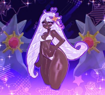 1girl 2others belly bikini blush breasts cleavage cowboy_shot curvy dark-skinned_female dark_skin hair_ornament highres jacinthe_(pokemon) lips long_hair looking_at_viewer low_drills medium_breasts mega_starmie multiple_others navel nintendo open_mouth pokemon pokemon_legends:_z-a purple_eyes purple_hair shiny_skin simple_background smile starmie swimsuit teeth thong thong_bikini tuiffff very_dark_skin very_long_hair white_bikini wide_hips