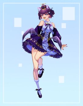 1girl :d animal_ears bat_ears bat_girl bat_wings blue_background blunt_bangs border breasts bright_pupils brooch corset crown detached_sleeves dress frilled_dress frills full_body gothic_lolita hair_ornament highres idoloid jewelry kiyoko_(utau) lolita_fashion looking_at_viewer low_wings mcdid_studio medium_breasts mini_crown necktie non-web_source official_alternate_costume official_alternate_hairstyle official_art open_mouth purple_corset purple_dress purple_eyes purple_hair purple_necktie purple_shoes shoes short_hair simple_background sleeveless sleeveless_dress smile socks solo standing standing_on_one_leg utau white_border white_pupils white_socks wing_hair_ornament winged_shoes wings