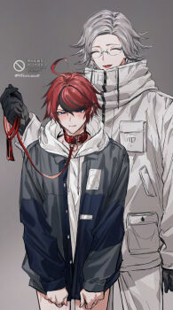 2boys ^_^ ahoge animal_collar aotsuki_eito black_gloves black_jacket black_streaks blue_eyes blush breast_pocket closed_eyes collar commentary_request cowboy_shot drawstring glasses gloves grey_background grey_hair grey_jacket highres holding holding_leash hood hoodie jacket jacket_over_hoodie jacket_tug leash male_focus multicolored_hair multicolored_jacket multiple_boys no_pants open_clothes open_jacket open_mouth pants pocket red_collar red_hair short_hair smile sooon_omi streaked_hair sumino_takumi the_hundred_line_-last_defense_academy- two-tone_hair two-tone_jacket white_hoodie white_jacket white_pants yaoi