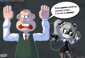 absurdres angry artist_name assault_rifle bald crossover dress glitch_productions grey_hair grin gun highres j_(murder_drones) jackintaro japanese_artist_name japanese_text loli money murder_drones necktie pantyhose parody prostitution rifle robbery robot shirt smile spanish_text stripper teeth twintails vest wallace_&amp;_gromit wallace_(wallace_&amp;_gromit) wallet weapon youtube_poop