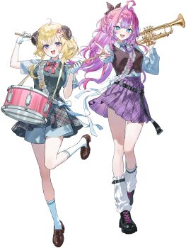 2girls absurdres ahoge animal_ears belt black_belt black_shoes black_skirt blonde_hair blue_eyes bow bowtie brown_shoes full_body gloves hair_ornament hairclip hands_up highres holding holding_instrument hololive hololive_dev_is horns instrument kikirara_vivi kneehighs leg_warmers long_hair looking_at_viewer multiple_girls official_art open_mouth pink_bow pink_bowtie pink_hair purple_eyes purple_skirt sheep_ears sheep_girl sheep_horns shirt shoes short_sleeves simple_background skirt smile socks standing standing_on_one_leg symbol-shaped_pupils transparent_background tsunomaki_watame very_long_hair virtual_youtuber white_gloves white_leg_warmers white_shirt white_socks