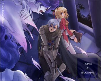 armor armored_boots banshee_(ragnarok_online) black_pants blonde_hair blue_eyes book boots celestial_s chainmail closed_mouth column commentary_request dress emblem feet_out_of_frame fighting gauntlets grey_hair hair_ribbon high_priest_(ragnarok_online) holding holding_book holding_sword holding_weapon indoors juliet_sleeves knight_(ragnarok_online) long_sleeves looking_at_another lowres milestone_celebration pants pauldrons pillar puffy_sleeves purple_hair ragnarok_online red_dress red_ribbon ribbon short_hair shoulder_armor smile sword tabard weapon white_tabard