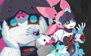 Rule 34 | 1girl, aria (zenless zone zero), blush, breasts, green eyes, highres, humanoid robot, joints, looking at viewer, mechanical arms, mechanical legs, nervous sweating, robot, robot girl, robot joints, small breasts, solo, sweat, werfmight, zenless zone zero