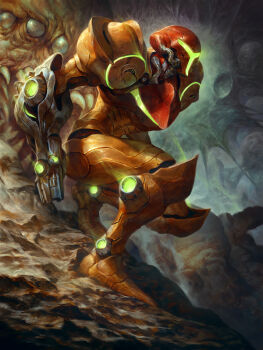 Rule 34 | 1girl, alien, arm cannon, armor, dave rapoza, epic, extra eyes, fangs, glowing, helmet, highres, looking to the side, metroid, nintendo, power armor, power suit (metroid), redesign, samus aran, solo, squatting, varia suit, weapon