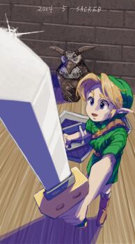 1boy 2024 absurdres belt bird blonde_hair blue_eyes boots brick_wall gus_uur hat highres holding holding_shield holding_sword holding_weapon kokiri_sword link nintendo open_mouth owl pointy_ears sheath shield shine smile solo sparkle statue sword the_legend_of_zelda the_legend_of_zelda:_majora's_mask tunic weapon wooden_floor