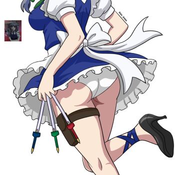 1girl alx_draws ass ass_focus back_bow blue_dress bow breasts close-up commentary dress english_commentary green_ribbon grey_hair highres izayoi_sakuya knife knife_sheath leg_focus legs lower_body lunamoon maid maid_headdress medium_breasts panties ribbon sheath shoes sideboob the_memories_of_phantasm thick_thighs thigh_focus thigh_strap thighs touhou underwear upskirt white_background white_panties