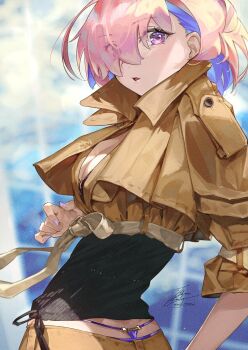 1girl belt black_bra bra breasts brown_coat cleavage coat colored_inner_hair commentary expressionless fadingz fate/grand_order fate_(series) hair_over_one_eye high_collar large_breasts looking_at_viewer mash_kyrielight multicolored_hair nail_polish parted_lips pink_hair pixiv_id purple_eyes purple_hair short_hair short_sleeves signature solo t-back thong twisted_torso underwear whale_tail_(clothing) white_belt
