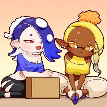 2girls alternate_breast_size_(larger) alternate_breast_size_(smaller) animated animated_gif baggy_pants blonde_hair blue_hair breast_rest breasts chest_sarashi commentary dark-skinned_female dark_skin earrings english_commentary fang fangs flat_chest forehead frye_(deep_cut_outfit)_(splatoon) frye_(splatoon) hair_over_one_eye half-closed_eyes huge_breasts indian_style inkling jewelry large_breasts looping_animation mike_inel multiple_girls nintendo octoling orange_eyes pants pointy_ears red_eyes sarashi see-through_clothes see-through_shirt shirt shiver_(deep_cut_outfit)_(splatoon) shiver_(splatoon) sitting splatoon_(series) splatoon_3 talking tentacle_hair very_dark_skin