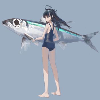 1girl ahoge airfish_(lefko_d) animal barefoot black_eyes black_hair black_one-piece_swimsuit blue_background commentary fish floating_hair from_behind full_body highres holding holding_animal holding_fish one-piece_swimsuit original oversized_animal simple_background solo swimsuit symbol-only_commentary