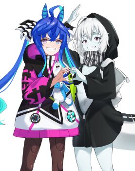 2girls @_@ absurdres abyssal_ship animal_ears backpack bag bikini blue_skin breasts colored_skin commission crossover heart heart_hands heart_hands_duo heterochromia highres hood hoodie horse_ears kantai_collection monster_girl multicolored_hair multicolored_hoodie multiple_girls pale_skin pink_eyes re-class_battleship riwaby950520 salute scarf sharp_teeth stuffed_toy swimsuit tail teeth trait_connection twin_turbo_(blast_mode!_turbo_engine)_(umamusume) twin_turbo_(umamusume) two-tone_hair umamusume white_background white_hair