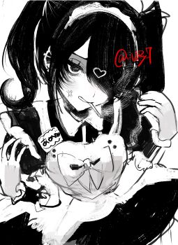 absurdres ame-chan_(needy_girl_overdose) anger_vein apron chest_bow cigarette hair_ornament hair_over_one_eye heart heart_hair_ornament highres maid maid_apron maid_headdress monochrome naishukketsukata needy_girl_overdose smoke sweets_paradise twintails twitter_username wrist_cuffs