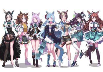 323mihumi 6+girls ahoge animal_ears aqua_ascot ascot asymmetrical_footwear black_hair black_skirt black_thighhighs blue_ascot blue_eyes blue_hair blush book bow braid braided_bun breasts brown_eyes brown_hair cleavage closed_mouth commentary_request crown_braid ear_bow ear_ornament full_body garter_straps gloves hair_between_eyes hair_bun hair_ornament hairclip high_heels highres holding holding_book horse_ears horse_girl horse_tail jacket large_breasts long_hair long_sleeves looking_at_viewer medium_breasts mejiro_ardan_(clinochlore_line)_(umamusume) mejiro_ardan_(umamusume) mejiro_bright_(brunissage_line)_(umamusume) mejiro_bright_(umamusume) mejiro_dober_(off_the_line)_(umamusume) mejiro_dober_(umamusume) mejiro_family_(umamusume) mejiro_mcqueen_(frontline_elegance)_(umamusume) mejiro_mcqueen_(umamusume) mejiro_palmer_(line_breakthrough)_(umamusume) mejiro_palmer_(umamusume) mejiro_ramonu_(onyx_line)_(umamusume) mejiro_ramonu_(umamusume) mejiro_ryan_(down_the_line)_(umamusume) mejiro_ryan_(umamusume) mismatched_footwear mole mole_under_eye multicolored_hair multiple_girls open_clothes open_mouth ponytail purple_eyes purple_hair shirt short_hair simple_background single_garter_strap single_glove single_thighhigh skirt smile streaked_hair striped_hair tail thighhighs two-tone_hair umamusume white_background white_gloves white_hair white_shirt