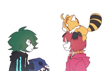 Rule 34 | 1boy, 1girl, appmon, digimon, digimon (creature), digimon beatbreak, digimon universe: appli monsters, expressionless, hackmon (appmon), jacket, katsura rei, looking at another, mayok, pristimon, sakuya reina, short hair, star (symbol), tail