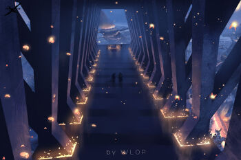 2others character_request city_lights falling_petals from_above ghostblade ghostblade_(character) glowing highres lantern light_particles mini_person mountainous_horizon multiple_others night paper_lantern people petals scenery walking wlop