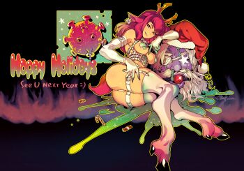 1girl 1other animal_ears arm_on_another&#039;s_head arm_support armpit_crease ass ball_gag bare_legs bare_shoulders beard black_background bra breasts candy censored character_request closed_mouth colored_skin commentary cross cross_pasties cupless_bra disembodied_head ear_tag elbow_gloves english_commentary english_text facial_hair facing_viewer fishine food foot_out_of_frame from_side full_body gag gloves hand_on_own_thigh happy_holidays hat heart hooves horns legs licking_lips lock long_hair looking_at_viewer looking_to_the_side lying medium_breasts mustache on_side one_eye_covered original padlock panties pasties pink_hair purple_skin santa_hat short_bangs signature snot sparkle star_censor stitches stomach tail thigh_strap thighhighs thighs tongue tongue_out underwear virus white_gloves white_hair white_panties white_thighhighs yellow_eyes