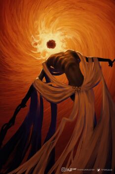 1boy artist_name coiled_sword commentary deviantart_logo deviantart_username elden_ring elden_ring:_shadow_of_the_erdtree emaciated english_commentary fire flaming_head highres holding holding_knife holding_sword holding_weapon instagram_logo instagram_username knife midra_lord_of_frenzied_flame rags robe shawl sleeveless_tunic solo sword thefearmaster torn_clothes torn_robe twitter_logo twitter_username weapon withered yellow_robe yellow_shawl