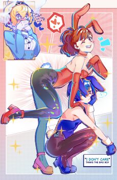 1boy 2girls aigis_(persona) alternate_costume android animal_ear_hairband animal_ears arm_on_knee ass bare_shoulders between_breasts between_fingers bisexual_female black_pantyhose blonde_hair blue_bow blue_dress blue_gloves blue_hair blue_leotard blue_shoes blush bow breasts buttons card card_between_breasts card_between_fingers carumikoto choker cleavage clenched_hand comic_background commentary covering_own_mouth crossdressing crossdressing_(mtf) double-breasted dress drop_shadow elbow_gloves english_text fake_animal_ears fake_tail four-pointed_star frown gloves gold_hairband gradient_background hair_between_eyes hairband hand_on_another&#039;s_shoulder hand_on_own_face hanging_breasts heart heart-shaped_pupils high_heels highres holding large_breasts leaning_forward leaning_on_person leg_up leotard looking_ahead looking_at_viewer male_playboy_bunny mechanical_hands multiple_girls notice_lines open_mouth outside_border pantyhose persona persona_3 persona_3_portable playboy_bunny polka_dot polka_dot_background ponytail rabbit_ear_hairband rabbit_ears rabbit_tail red_choker red_eyes red_gloves red_hair red_leotard red_shoes robot_ears shiomi_kotone shoes short_hair smile sparkle spoken_heart standing standing_on_one_leg steam symbol-shaped_pupils tail tarot tarot_card teeth the_fool_(tarot) twitter_username white_wrist_cuffs wrist_cuffs yuuki_makoto_(persona_3)