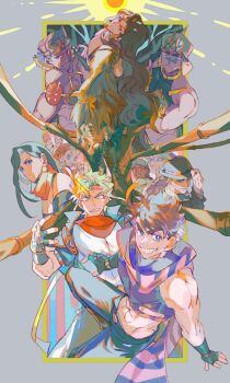 abs adjusting_clothes adjusting_headwear battle_tendency black_hair blonde_hair blue_scarf brown_hair caesar_anthonio_zeppeli crop_top erina_pendleton esidisi everyone facial_mark fingerless_gloves gloves green_eyes grin harpy_boy headband jojo_no_kimyou_na_bouken joseph_joestar joseph_joestar_(young) kars_(jojo) lisa_lisa loggins_(jojo) messina_(jojo) midriff monster_boy multicolored_scarf pink_scarf red_scarf robert_e._o._speedwagon scarf senzzang smile smokey_brown stone_mask striped_clothes striped_scarf suzi_q wamuu wings