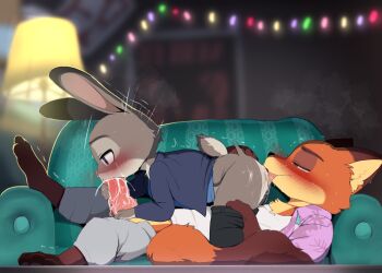 1boy 1girl 69 animal_ears blush commentary couch dagasi fellatio fox_boy furry furry_female furry_male furry_with_furry hetero highres interspecies judy_hopps nick_wilde oral penis tail zootopia
