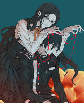 1boy 1girl ahoge black_hair black_jacket black_skirt blood_string bow bowtie breast_pocket buttons closed_mouth danganronpa_(series) danganronpa_v3:_killing_harmony double-breasted flower glasses green_background hair_between_eyes jacket long_hair orange_bow orange_bowtie orange_flower ore_sensei pocket saihara_shuichi shirogane_tsumugi shirt simple_background sitting skirt smile striped_clothes striped_jacket white_shirt