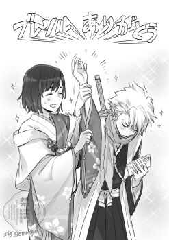 1boy 1girl anachronism bleach bleach:_sennen_kessen-hen cellphone closed_eyes commentary_request etranger140 greyscale hakama haori highres hinamori_momo hitsugaya_toushirou holding holding_another's_wrist holding_phone japanese_clothes kimono monochrome obi phone sash scarf shihakusho short_hair signature smartphone smile sparkle sweatdrop taichou_haori translation_request twitter_username watermark wide_sleeves