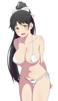 1girl :d bare_shoulders bikini black_hair blush bow breasts cameltoe cleavage collarbone commentary cowboy_shot female_pubic_hair gluteal_fold goa1126 hair_bow hazuki_ren high_ponytail highres large_breasts leaning_forward long_hair looking_at_viewer love_live! love_live!_superstar!! micro_bikini navel open_mouth ponytail pubic_hair pubic_hair_peek side-tie_bikini_bottom simple_background smile solo standing stomach strap_gap string_bikini swimsuit very_long_hair white_background white_bikini white_bow yellow_eyes