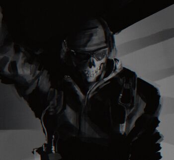 Rule 34 | 1boy, arm up, beanie, call of duty, call of duty: modern warfare 2, commentary, english commentary, ghost (modern warfare 2), greyscale, hat, headphones, highres, hood, hooded jacket, jacket, long sleeves, male focus, mask, military combat uniform, military uniform, monochrome, remix3s, skull mask, solo, sunglasses, upper body