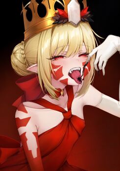 1girl bare_shoulders blonde_hair blush braid commentary_request crown dress fate/grand_order fate_(series) flat_chest highres nero_claudius_(fate) nonnbele69 open_mouth pointy_ears queen_draco_(fate) queen_draco_(first_ascension)_(fate) red_dress red_eyes solo teeth tongue tongue_out upper_body