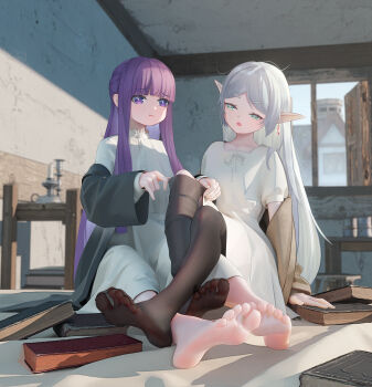 2girls 3d 3d_background absurdres barefoot feet fern_(sousou_no_frieren) frieren green_eyes highres long_hair mr_ito multiple_girls open_mouth pointy_ears purple_eyes purple_hair see-through_clothes see-through_legwear soles sousou_no_frieren toes white_hair