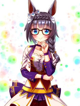 1girl animal_ears black-framed_eyewear black_hair blue_eyes blush bodice braid braided_ponytail breasts choker cleavage closed_mouth collarbone commentary_request corset cropped_jacket crown_braid ear_ornament ear_scrunchie glasses highres horse_ears horse_girl jacket large_breasts long_hair long_sleeves looking_at_viewer midriff_peek navel no_tail overskirt pendant_choker purple_choker red_corset red_shorts shirt shorts smile solo starting_future_(umamusume) sugimotty_nova umamusume white_jacket white_shirt wristband zenno_rob_roy_(umamusume)