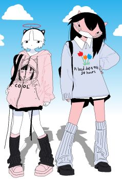 Rule 34 | 2girls, absurdres, angel, animal ears, backpack, bag, black bag, black eyes, black hair, black shoes, black shorts, black socks, blue shirt, blue socks, cat ears, chewchewer, closed eyes, closed mouth, cloud, collared shirt, colored skin, commentary, demon girl, demon horns, english commentary, english text, fake animal ears, gradient background, halo, hand on own hip, highres, hood, hood down, hoodie, horns, kappa (chewchewer), long hair, looking at another, looking at viewer, loose socks, mask, microsoft paint (medium), mouth mask, multiple girls, nyan (chewchewer), original, pink hoodie, pink shoes, print hoodie, print shirt, red halo, red skin, shirt, shoes, short hair, shorts, sleeves past wrists, socks, white hair, white skin