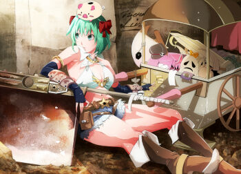 1girl axe belt belt_buckle belt_pouch bikini bikini_top_only black_gloves black_hat blue_eyes blue_shorts boots breasts brown_belt brown_boots buckle newsboy_cap cevoy cleavage closed_mouth commentary_request fingerless_gloves foot_out_of_frame fur-trimmed_shorts fur_trim gloves green_hair hat holding holding_axe huge_weapon large_breasts looking_afar piglet pouch pullcart ragnarok_online rideword_(ragnarok_online) savage_babe short_hair short_shorts shorts sitting smile solo star_(symbol) swimsuit vambraces weapon whisper_(ragnarok_online) white_bikini whitesmith_(ragnarok_online)