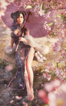 1girl 3d animal_print barefoot black_hair breasts cherry_blossoms china_dress chinese_clothes cleavage cleavage_cutout closed_mouth clothing_cutout commentary double_bun dress feet final_fantasy final_fantasy_vii final_fantasy_vii_remake flower full_body hair_bun hair_ornament hand_on_ground high_heels highres large_breasts leopard_print looking_up nature official_alternate_costume oil-paper_umbrella outdoors pink_umbrella red_eyes ria_(baka-neearts) short_hair sitting smile solo swept_bangs thighs tifa_lockhart tifa_lockhart_(sporty_dress) umbrella upper_body