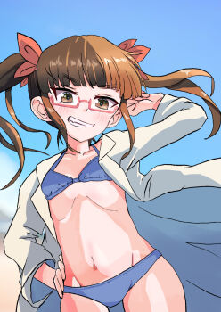 1girl adjusting_hair beach bikini blue_bikini blunt_bangs blush brown_eyes child clenched_teeth coat collarbone curled_fingers day eyelashes fang female_focus flat_chest floating_hair glasses groin hair_ornament hair_ribbon hand_on_own_hip hand_up idolmaster idolmaster_cinderella_girls ikebukuro_akiha lab_coat long_hair long_sleeves long_twintails looking_at_viewer midriff navel neck nonchan open_clothes open_coat orange_hair outdoors parted_lips red-framed_eyewear ribbon ribs semi-rimless_eyewear sidelocks sky smirk standing stomach summer swimsuit teeth thighs twintails
