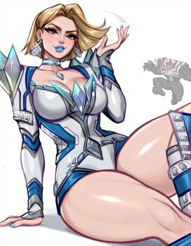 1boy 1girl blonde_hair blue_lips blushyspicy bodysuit breasts emma_frost highres lipstick long_tongue looking_at_viewer makeup marvel marvel_rivals monster_boy muscular muscular_male open_mouth short_hair smile spider-man_(series) superhero_costume symbiote teeth tongue tongue_out venom_(marvel) x-men