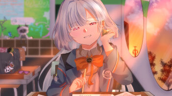 1girl absurdres artist_request bow bowtie classroom collared_shirt colored_eyelashes commentary_request desk grey_hair hair_over_one_eye highres indoors jacket long_hair long_sleeves mina_dzuki mornye_(wuthering_waves) orange_bow orange_bowtie red_eyes school school_uniform shirt sitting smile wuthering_waves