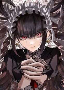 1girl black_hair black_jacket black_nails bonnet celestia_ludenberg danganronpa:_trigger_happy_havoc danganronpa_(series) drill_hair earrings frills gothic_lolita jacket jewelry lolita_fashion long_hair long_sleeves looking_at_viewer mi_tatchi90785 nail_polish necktie red_eyes red_necktie shirt smile solo twin_drills twintails