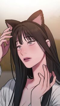 Rule 34 | 1girl, animal ears, arms up, bad thinking diary, black hair, blue eyes, blush, cat ears, highres, kang yuna (bad thinking diary), long hair, open mouth, shirt, solo, very long hair, white shirt