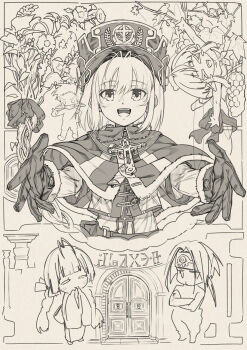 >_< 2boys 3girls braid capelet chibi closed_eyes commentary_request fantasy flower gloves greyscale hat japanese_clothes kimono looking_at_viewer monochrome multiple_boys multiple_girls okuribi original pointy_ears reaching reaching_towards_viewer short_hair sketch smile twin_braids