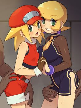 2boys 2girls bisexual_female blonde_hair blush breasts brown_gloves chiwino commentary commission cropped_shirt dark-skinned_male dark_skin dress earrings foursome gloves green_eyes grin group_sex hat highres holding_hands incest interlocked_fingers interracial jewelry large_breasts large_variant_set long_hair long_sleeves looking_at_viewer matilda_caskett_(mega_man) mega_man_(series) mega_man_legends_(series) mother_and_child mother_and_daughter multiple_boys multiple_girls navel_peek newsboy_cap open_mouth parent_and_child parted_lips peaked_cap purple_dress red_hat red_shirt red_shorts roll_caskett_(mega_man) shirt short_dress short_hair short_shorts shorts skeb_commission sleeveless sleeveless_shirt small_breasts smile sweat variant_set