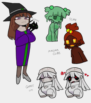 4girls :&lt; animal animal_on_shoulder black_hat breasts brown_hair cat cat_on_shoulder character_name cleavage cleavage_cutout closed_eyes closed_mouth clothing_cutout colored_skin cropped_torso dark_skin dot_nose dress drooling ghast green_eyes green_skin green_trim hair_bobbles hair_ornament hat helmet highres iiiichimaru_03 large_breasts long_hair long_sleeves magma_cube minecraft mole mole_under_eye monster_girl multiple_girls open_mouth orange_eyes pale_skin personification purple_dress purple_eyes red_hair scarf shirt short_twintails sidelocks simple_background sleeves_past_fingers sleeves_past_wrists slime_(minecraft) slime_(substance) slime_girl tears twintails white_background white_footwear white_hair white_helmet white_scarf white_shirt white_skin witch witch_(minecraft) witch_hat