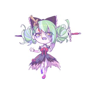 Rule 34 | 1girl, absurdres, ahoge, anya melfissa (sword), arm at side, asymmetrical footwear, bandaged arm, bandaged leg, bandages, black boots, black bow, black dress, blunt ends, boots, bow, braid, braided bangs, ceres fauna, chest bow, chibi, chibi only, colored skin, colored tongue, commentary, cosplay, diamond-shaped pupils, diamond (shape), double-parted bangs, double bun, dress, dress bow, english commentary, full body, green hair, grey hair, grey skin, hair bow, hair bun, hand up, highres, hololive, hololive english, hololive indonesia, kureiji ollie, kureiji ollie (1st costume), kureiji ollie (cosplay), lace-up boots, layered dress, long hair, mary janes, mismatched footwear, mismatched pupils, multicolored hair, multicolored skin, open mouth, patchwork skin, purple tongue, red shoes, ribbon, sarashi, sher (imnotsher), shoes, simple background, solo, stitched arm, stitched face, stitched leg, stitches, sword, symbol-shaped pupils, torn clothes, torn dress, two-tone skin, underbust, virtual youtuber, weapon, white background, white hair, white skin, wrist ribbon, x-shaped pupils, yellow eyes, zombie, zombification