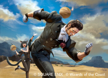 1boy 1girl akagi_shunsuke_(und) animal_ears bomb breasts brown_hair cat_ears cat_tail cleavage copyright_notice corsage detached_collar explosive final_fantasy final_fantasy_xiv flexing gloves hildibrand_manderville holding holding_bomb hyur magic:_the_gathering miqo&#039;te monocle nashu_mhakaracca official_art pantyhose smile tail tooth_glint white_gloves