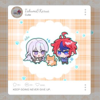 +++ 1boy 1girl ahoge aqua_outline black_hair black_pants blue_eyes blue_hair blue_hoodie blush_stickers bone brown_jacket character_name chibi chibi_only chinese_commentary closed_mouth commentary_request dog drawstring english_text hair_between_eyes highres holding holding_bone hood hood_down hoodie jacket kashimiya_karua long_hair meihuajiangle mole mole_under_eye multicolored_hair notice_lines open_clothes open_jacket open_mouth orange_background outline pants paw_print plaid_background purple_eyes red_hair shiba_inu shirt short_hair skirt smile social_media_composition streaked_hair sumino_takumi the_hundred_line_-last_defense_academy- two-tone_hair white_hair white_shirt white_skirt